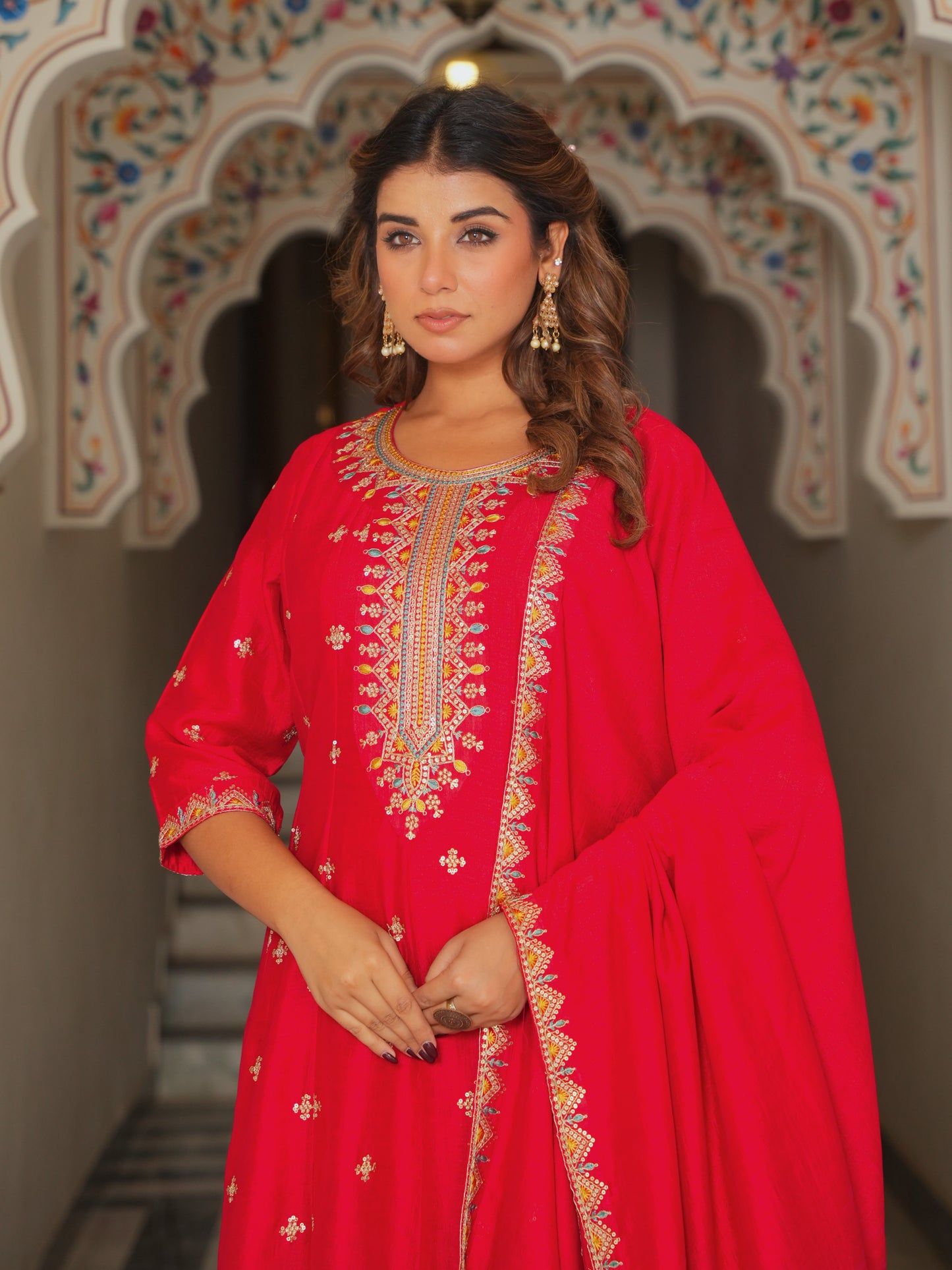 Embroidered Blended Silk Solid Anarkali Red Kurta