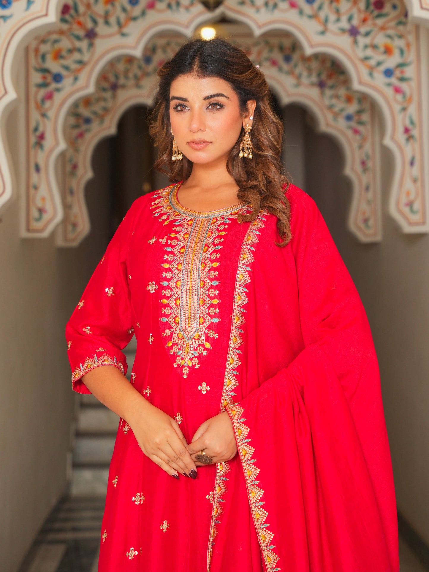 Embroidered Poly Silk Solid Red Kurta