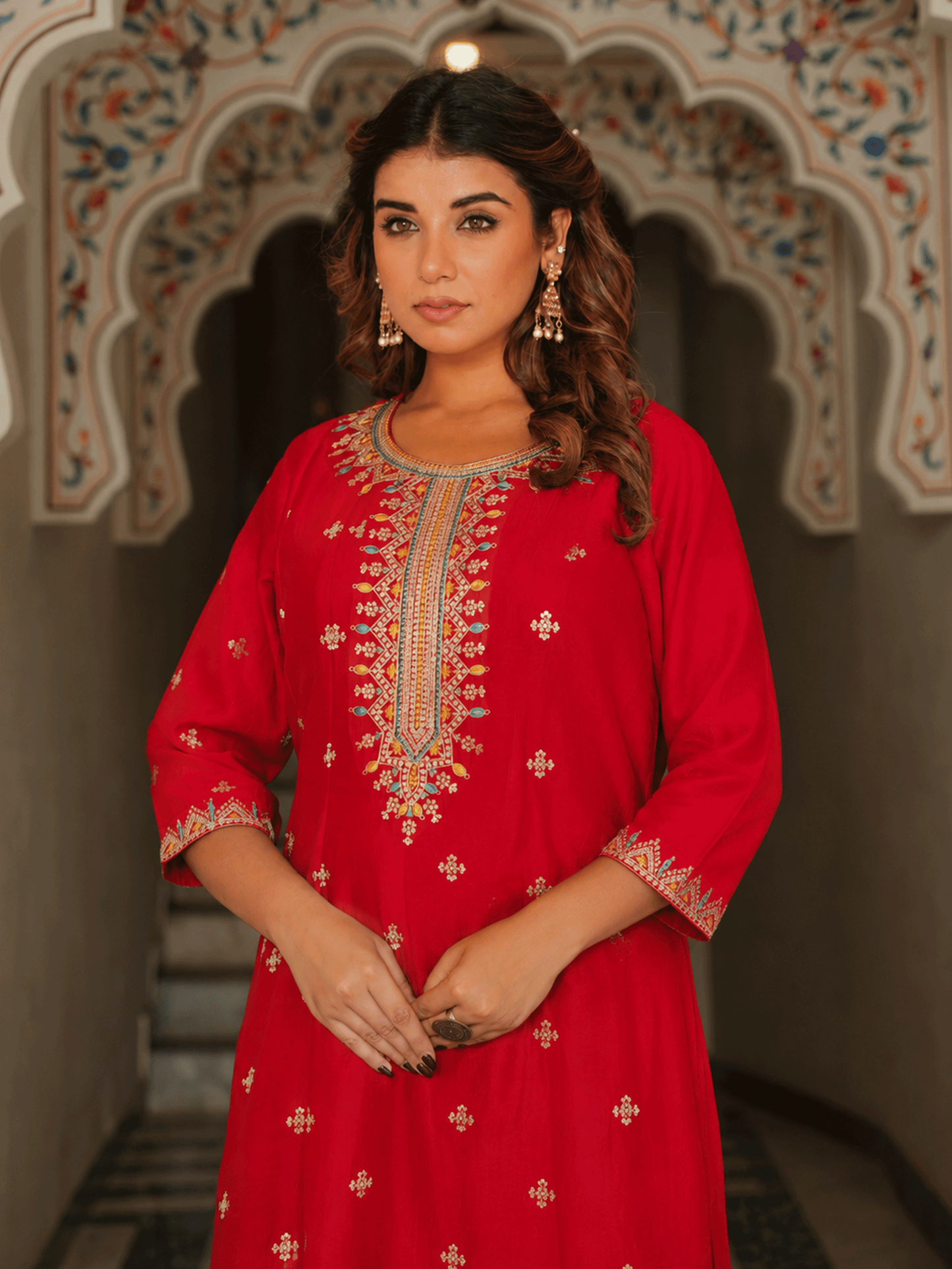 Embroidered Blended Silk Solid Anarkali Red Kurta