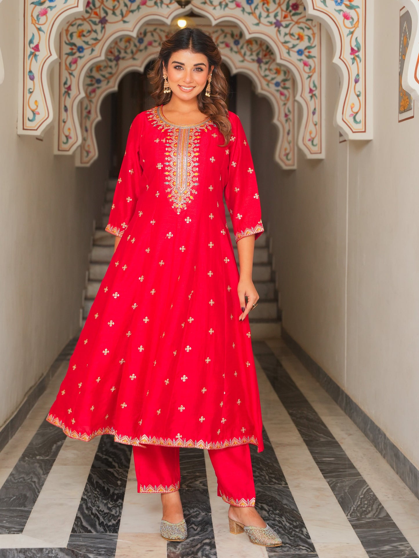 Embroidered Poly Silk Solid Red Kurta