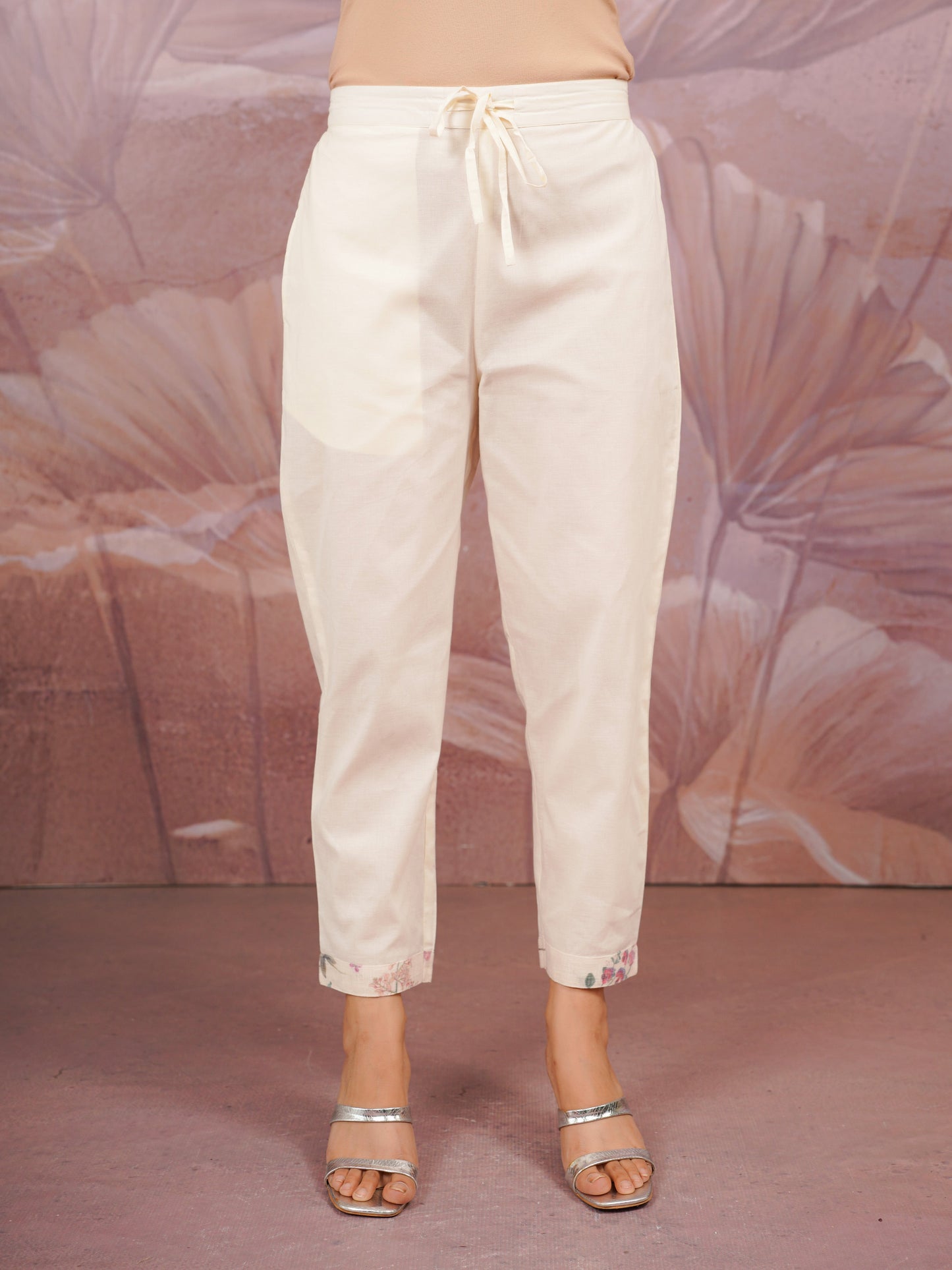 Linen Cotton Floral Beige Trousers