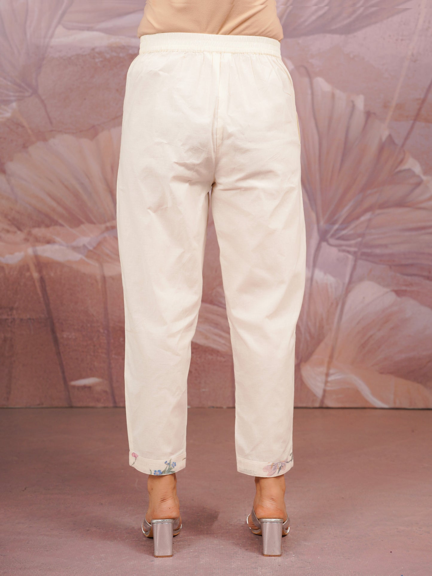 Linen Cotton Floral Beige Trousers
