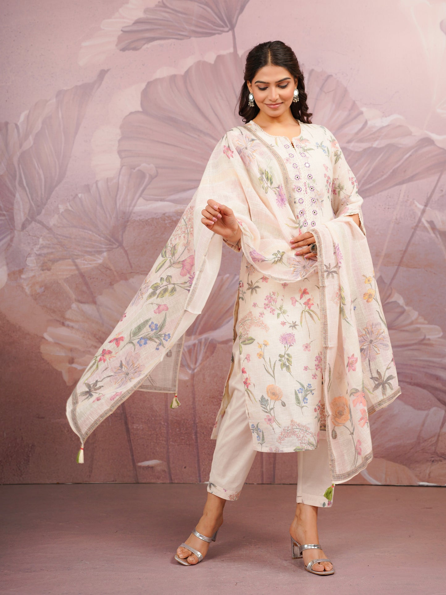 Linen Cotton Floral Beige Dupatta