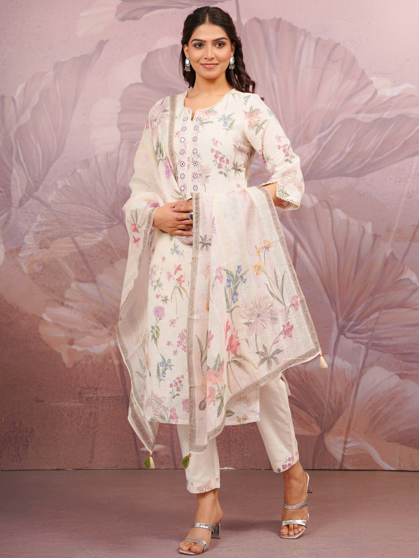 Embroidered Linen Cotton Floral Beige Straight Kurta