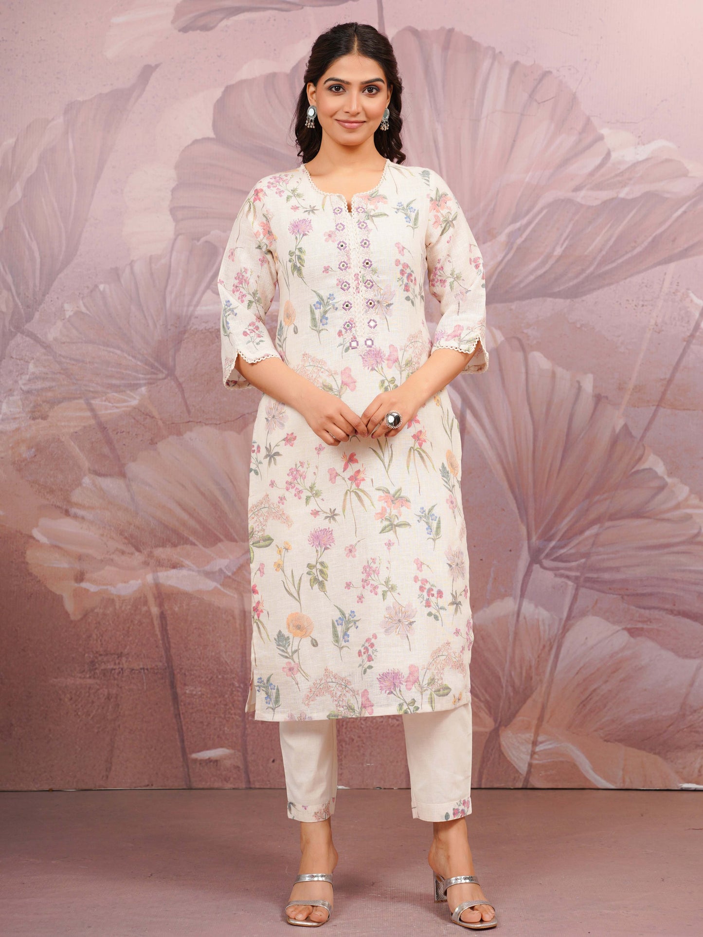 Embroidered Linen Cotton Floral Beige Straight Kurta