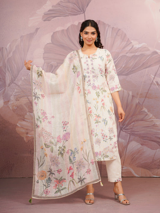 Embroidered Linen Cotton Floral Beige Kurta