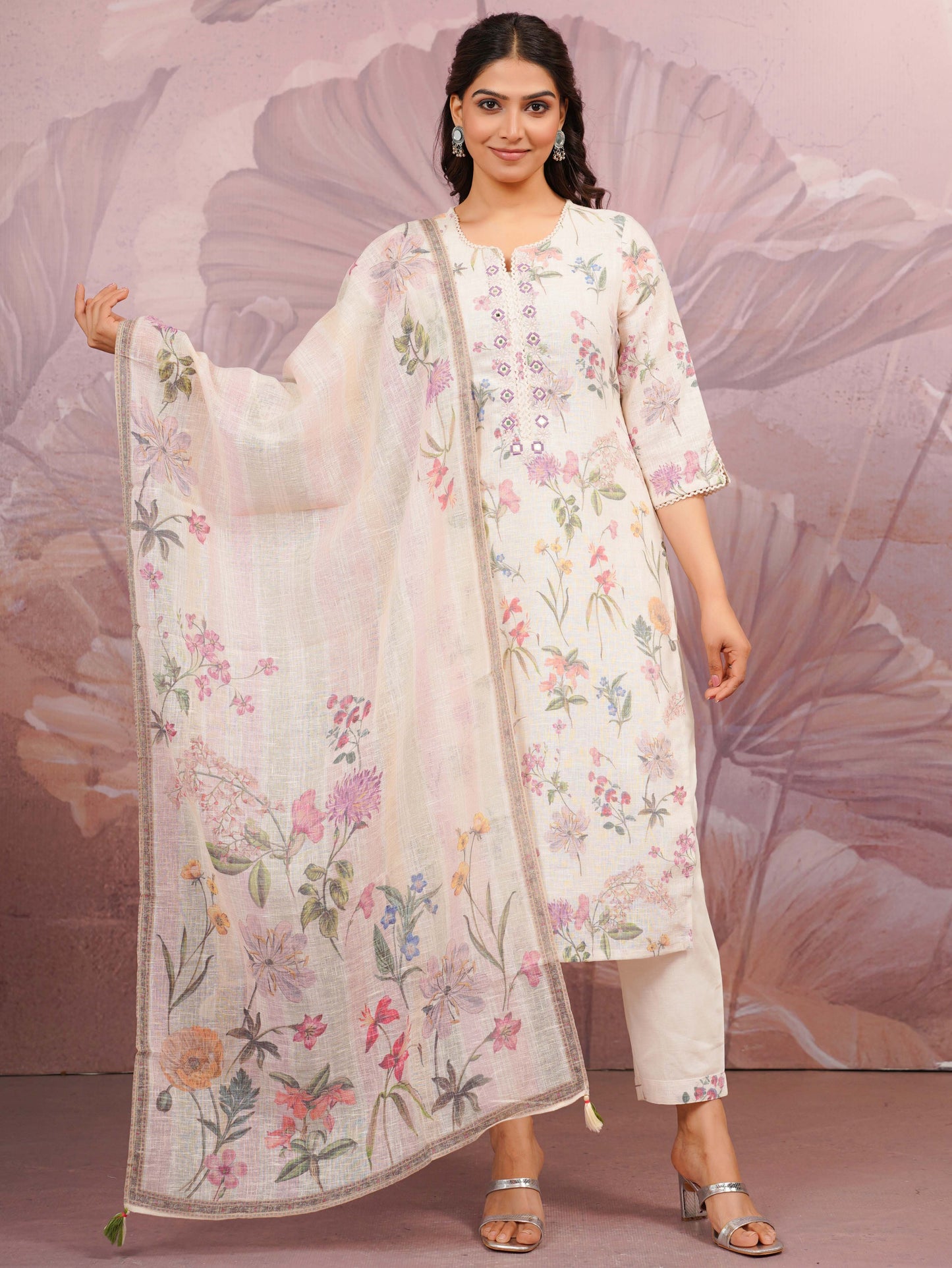Embroidered Linen Cotton Floral Beige Straight Kurta