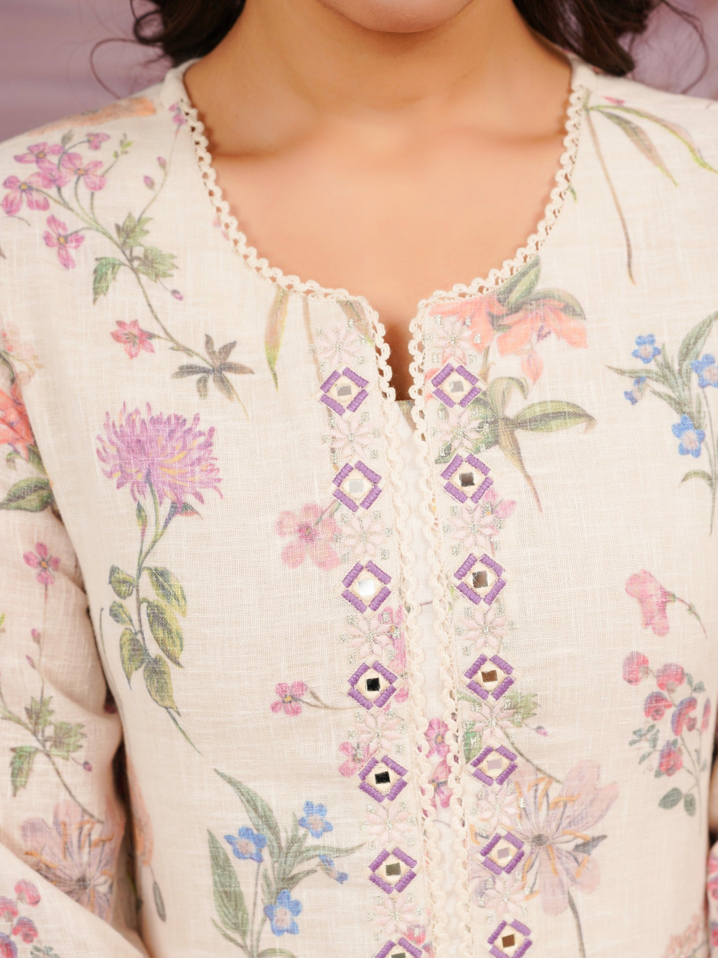 Embroidered Linen Cotton Floral Beige Straight Kurta