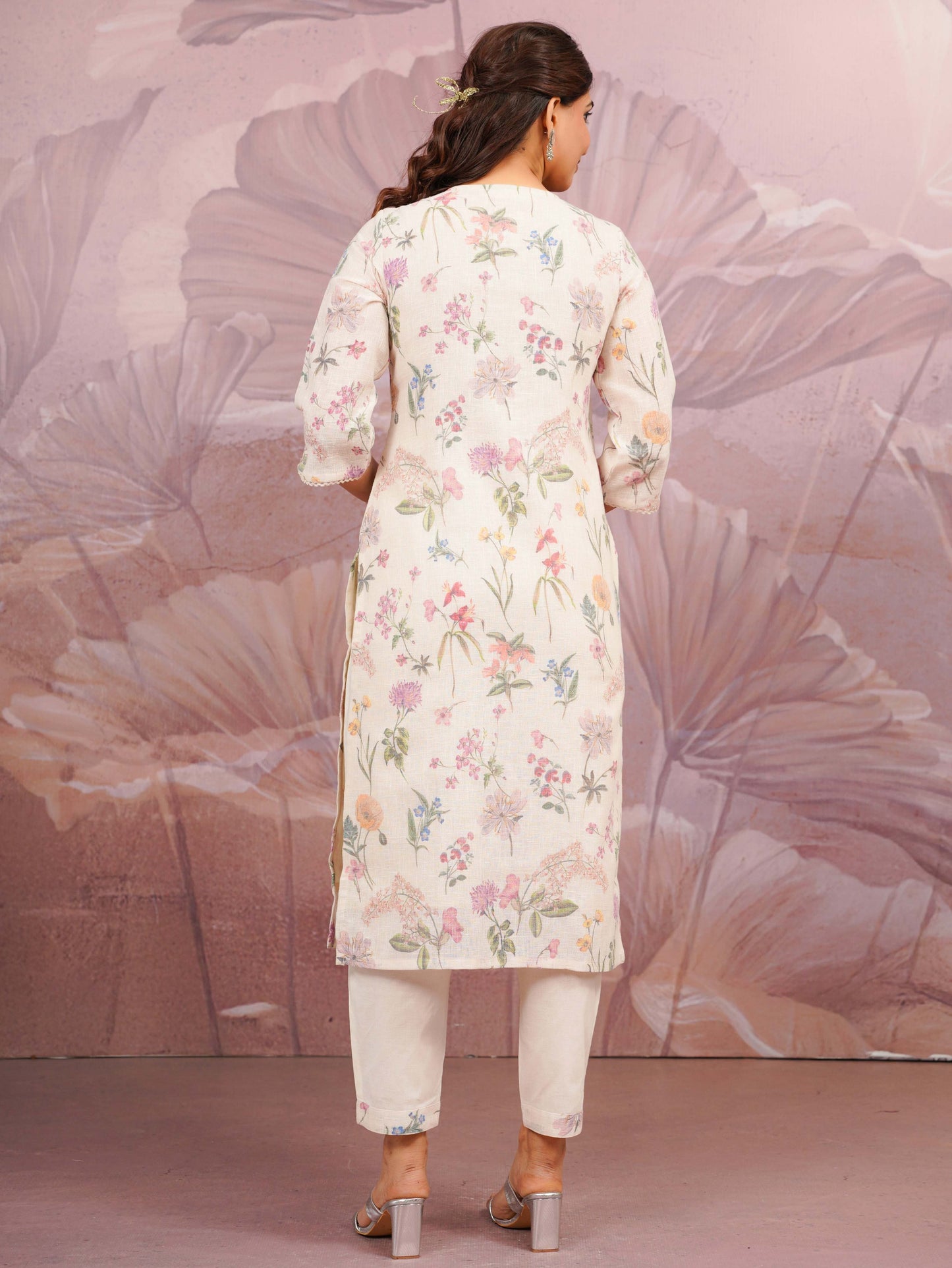 Embroidered Linen Cotton Floral Beige Straight Kurta