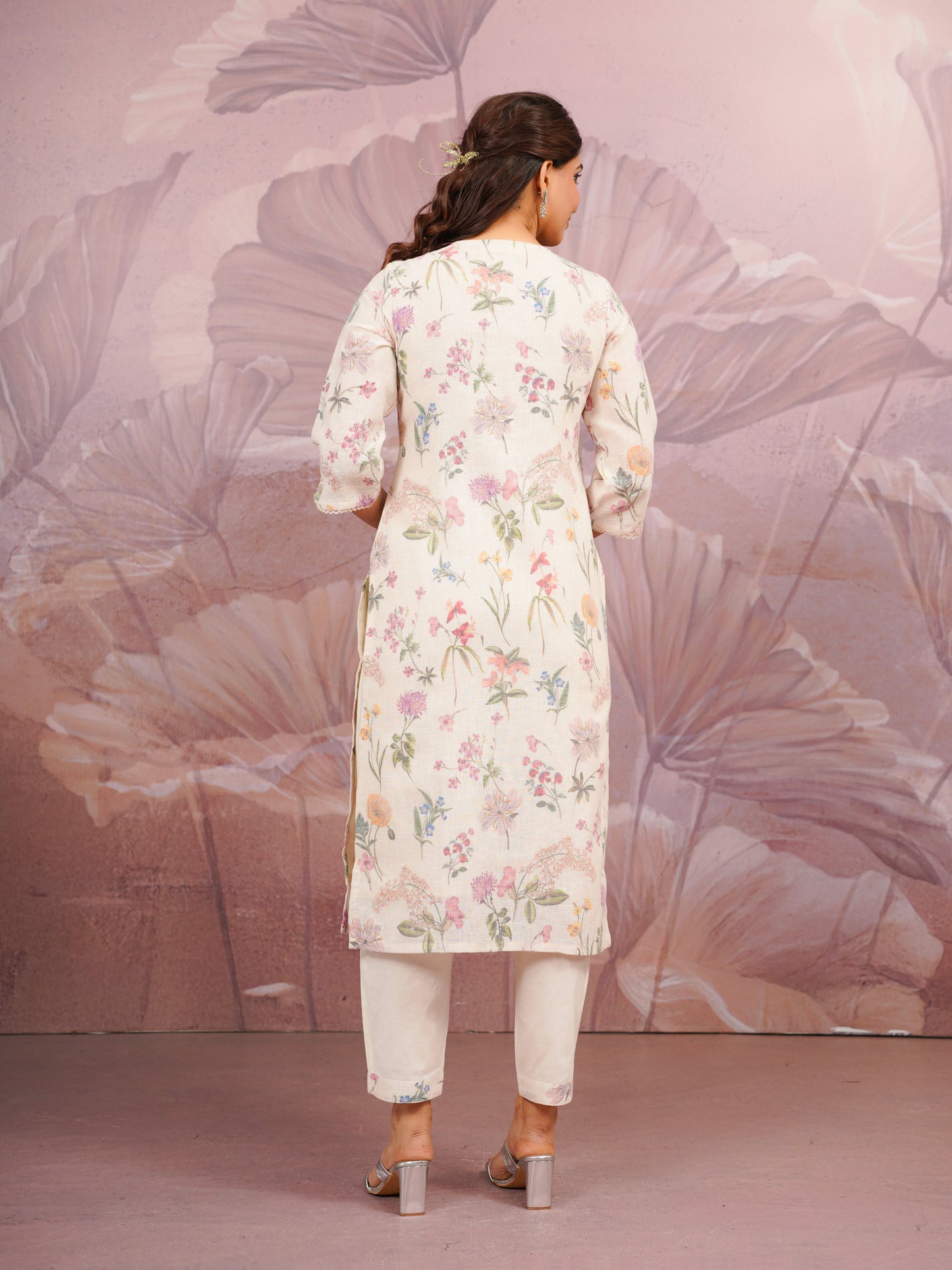 Embroidered Linen Cotton Floral Beige Kurta