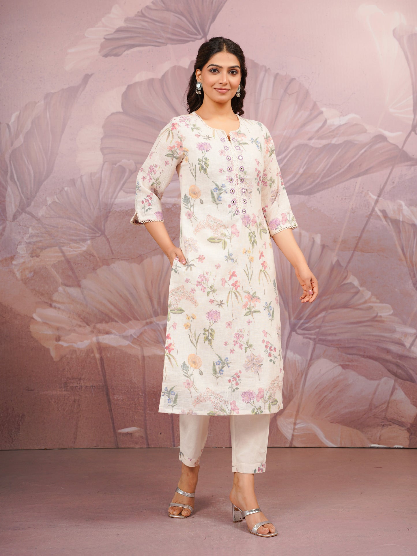 Embroidered Linen Cotton Floral Beige Kurta