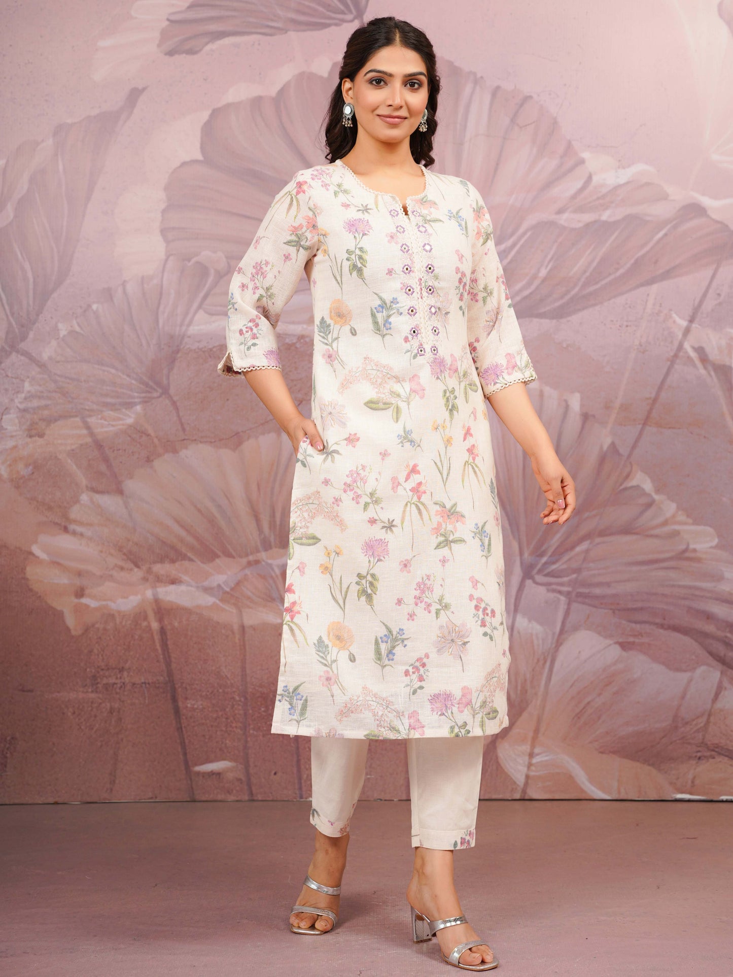 Embroidered Linen Cotton Floral Beige Straight Kurta