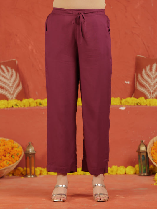 Viscose Solid Wine Straight Trousers