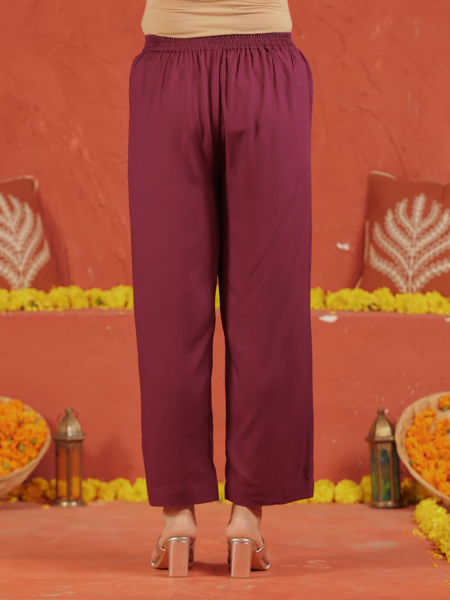 Viscose Solid Wine Straight Trousers