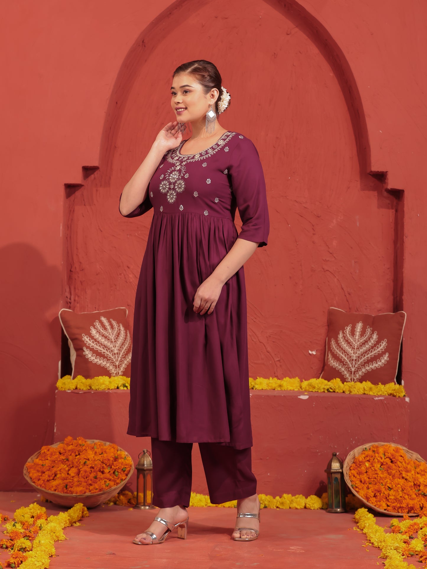 Embroidered Viscose Solid Flared Wine Kurta