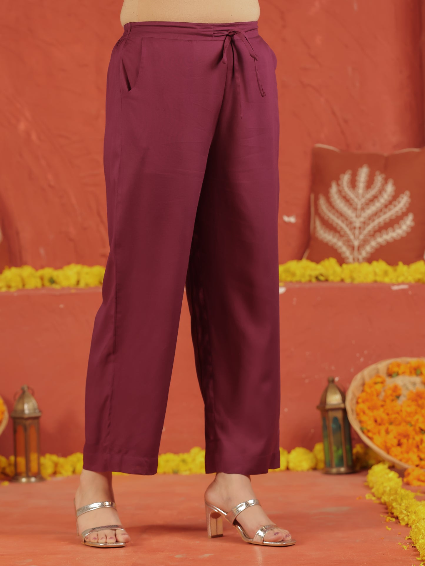 Embroidered Viscose Solid Flared Wine Kurta