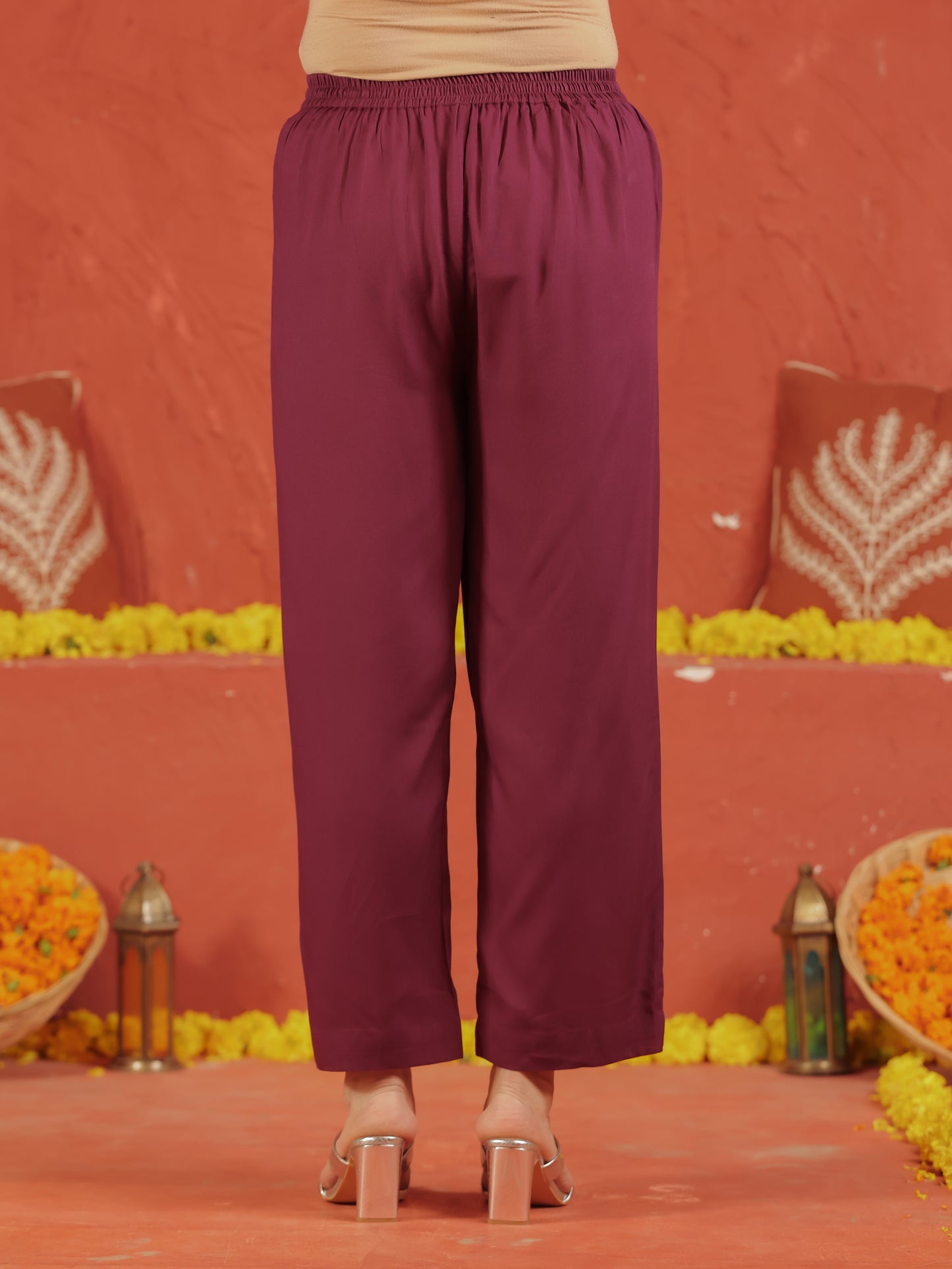 Embroidered Viscose Solid Flared Wine Kurta
