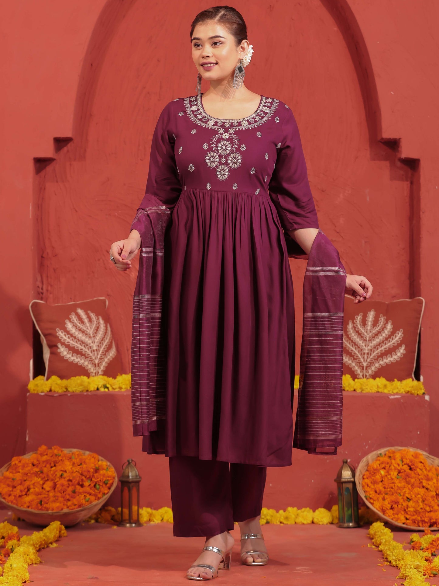 Embroidered Viscose Solid Flared Wine Kurta