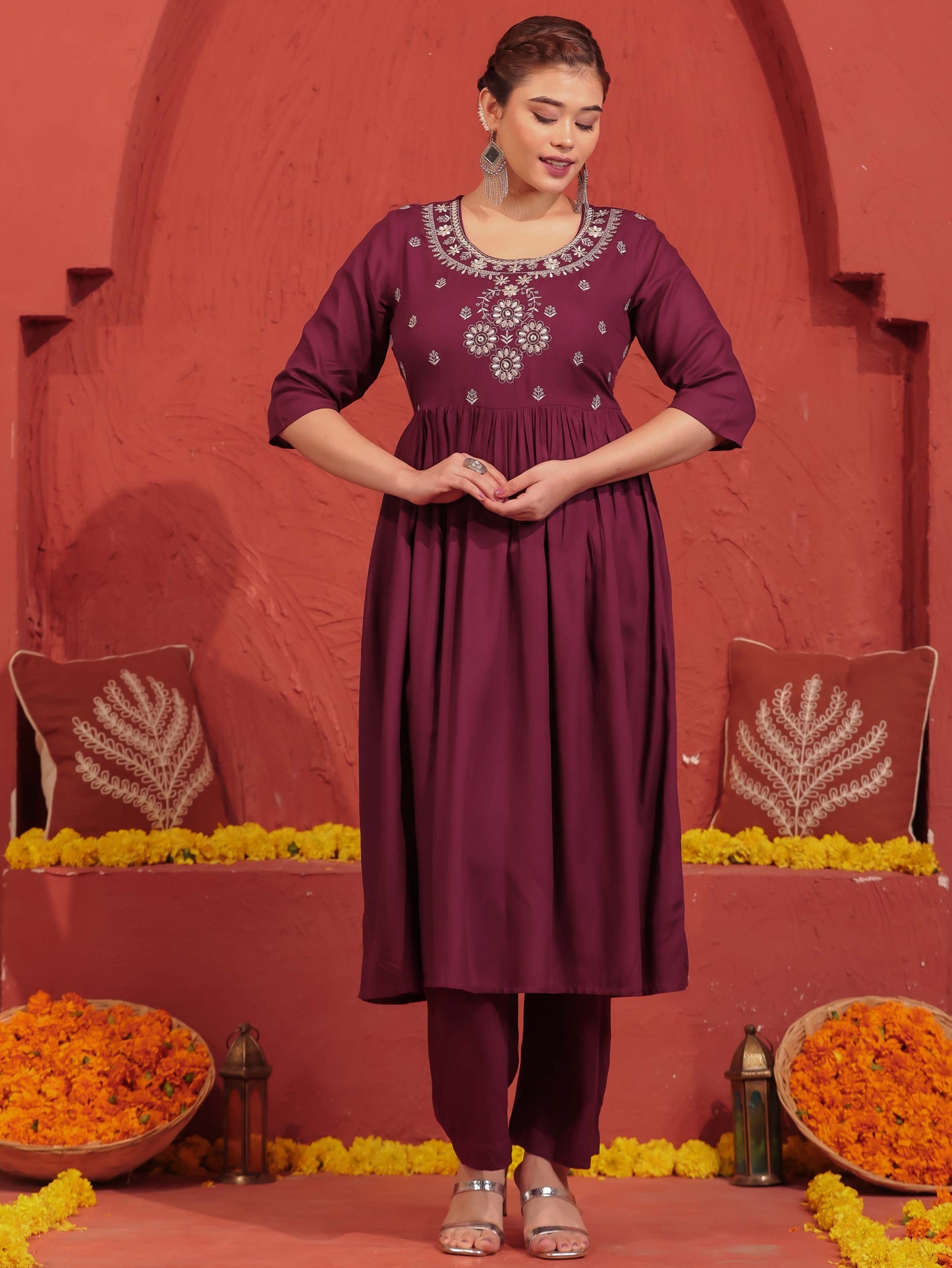 Embroidered Viscose Solid Flared Wine Kurta