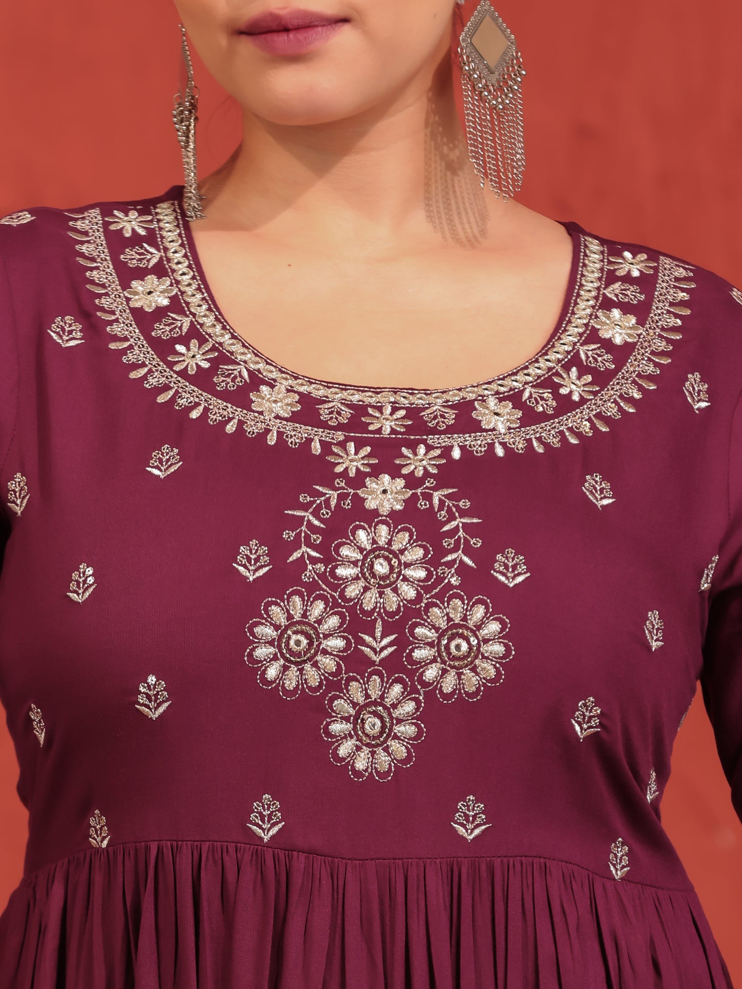 Embroidered Viscose Solid Flared Wine Kurta