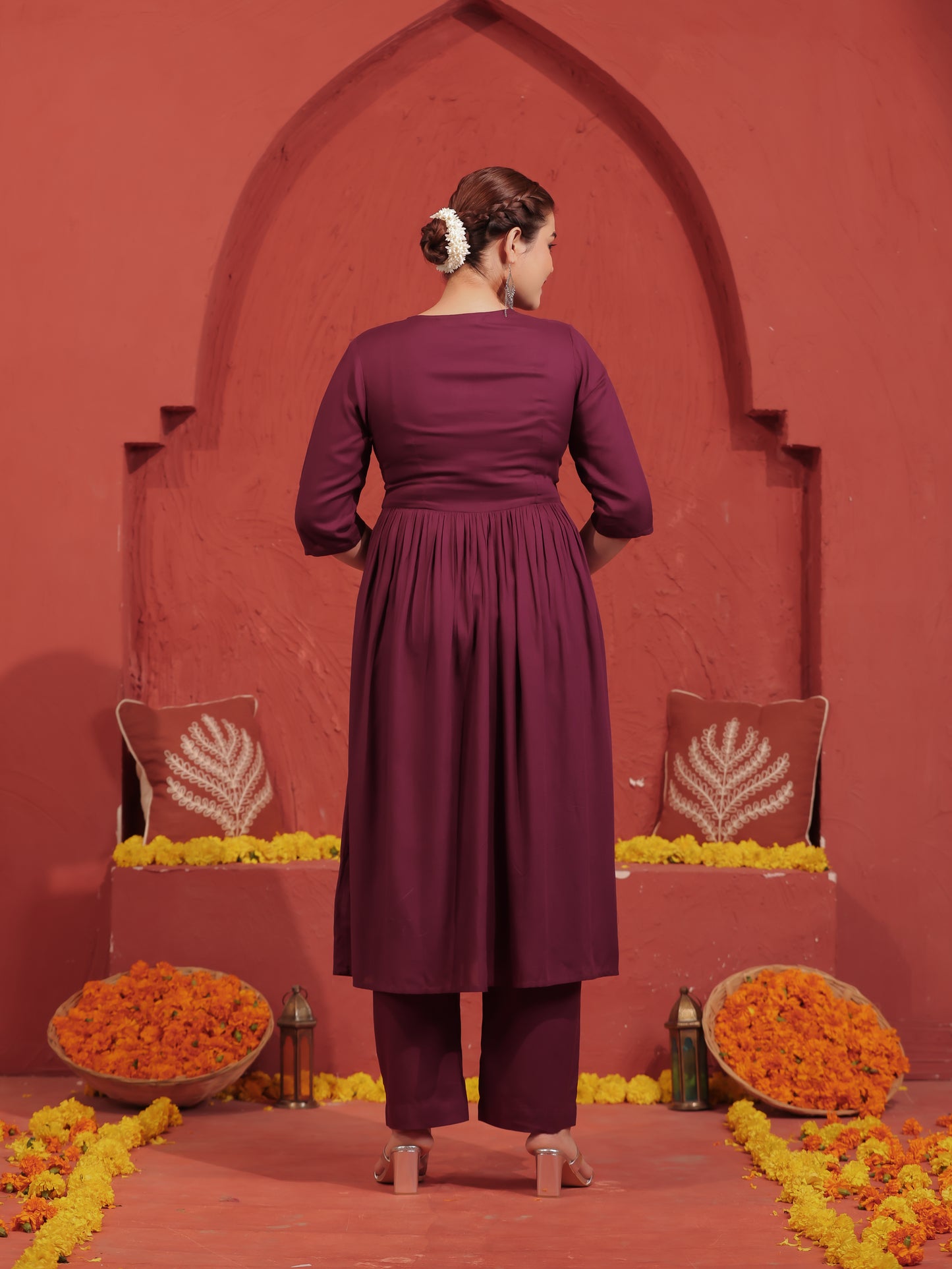 Embroidered Viscose Solid Flared Wine Kurta