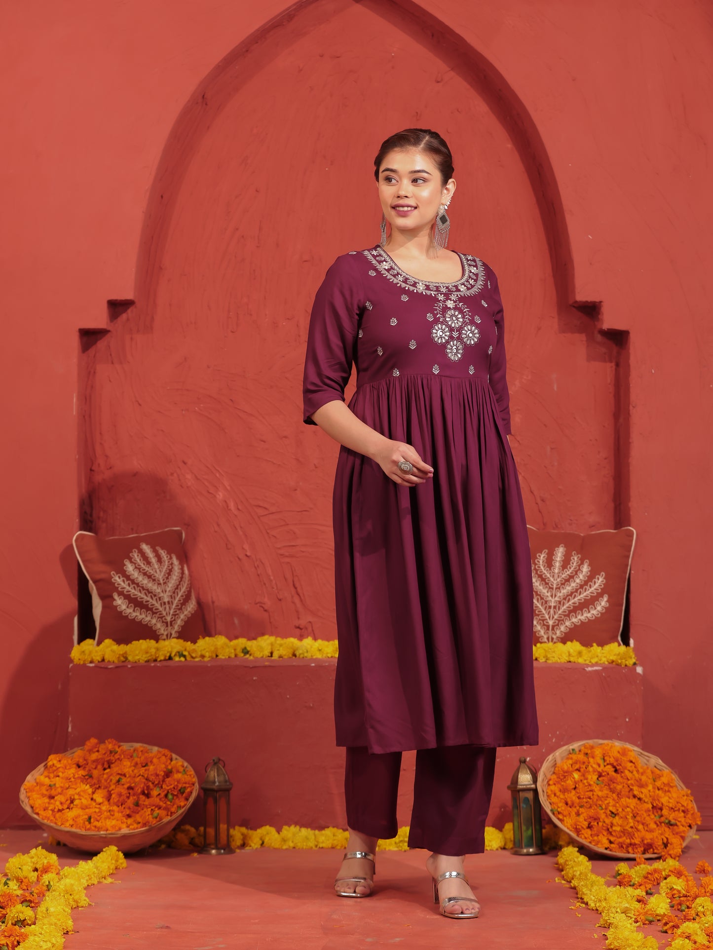 Embroidered Viscose Solid Flared Wine Kurta