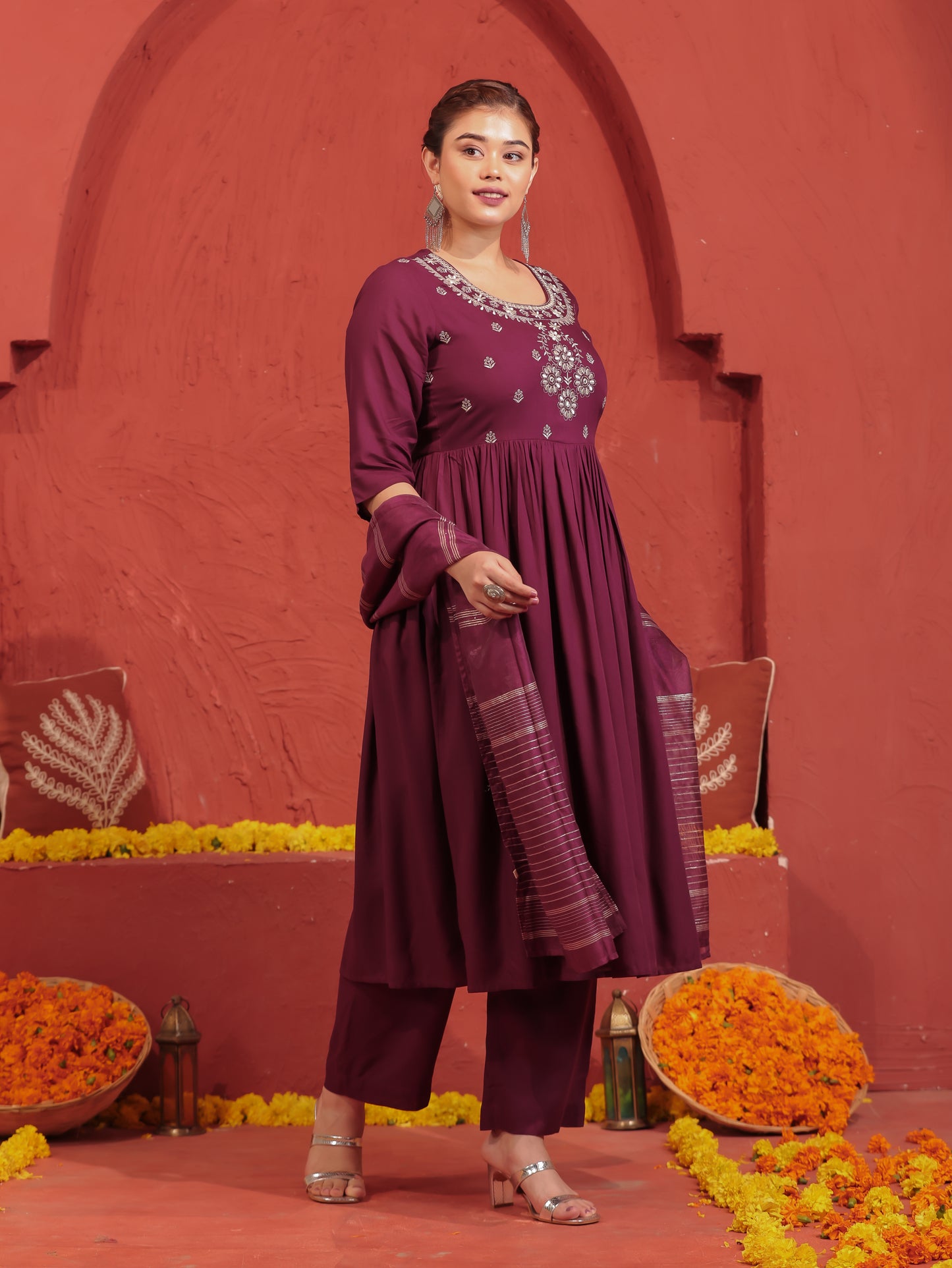 Embroidered Viscose Solid Flared Wine Kurta
