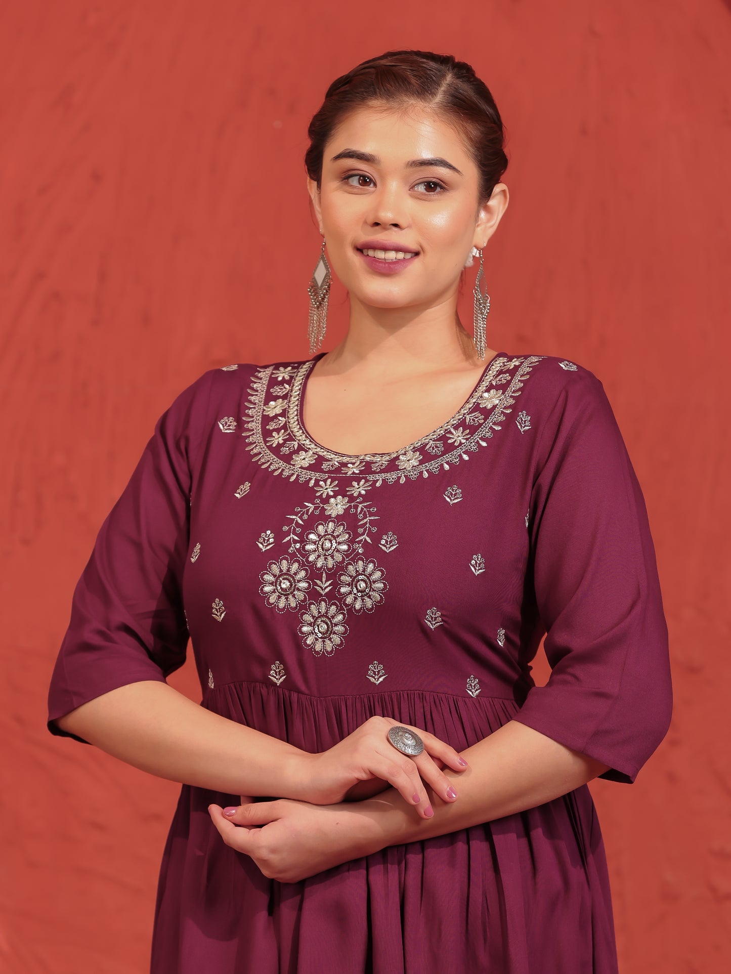 Embroidered Viscose Solid Flared Wine Kurta