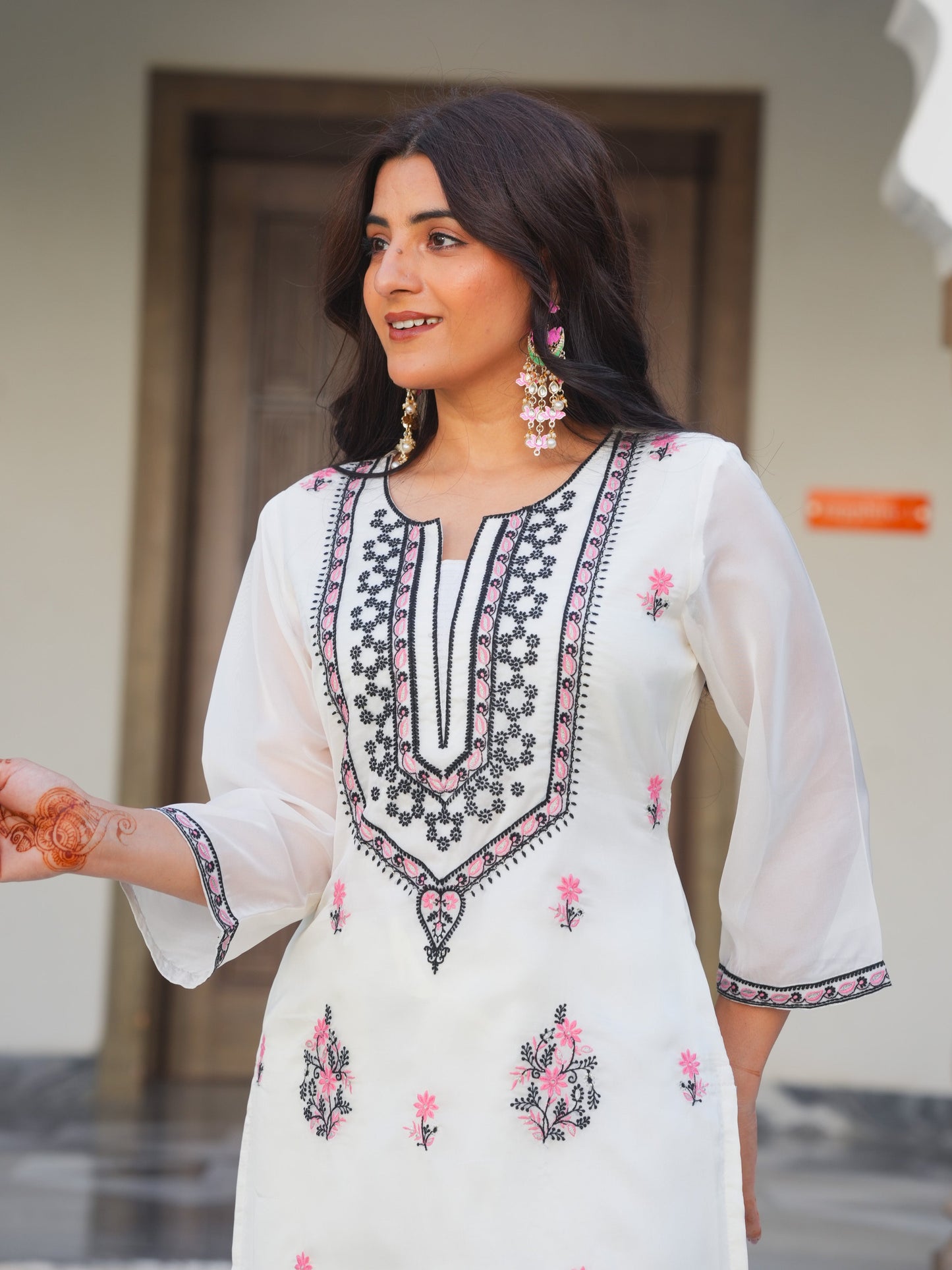 Embroidered Organza Solid White Kurta