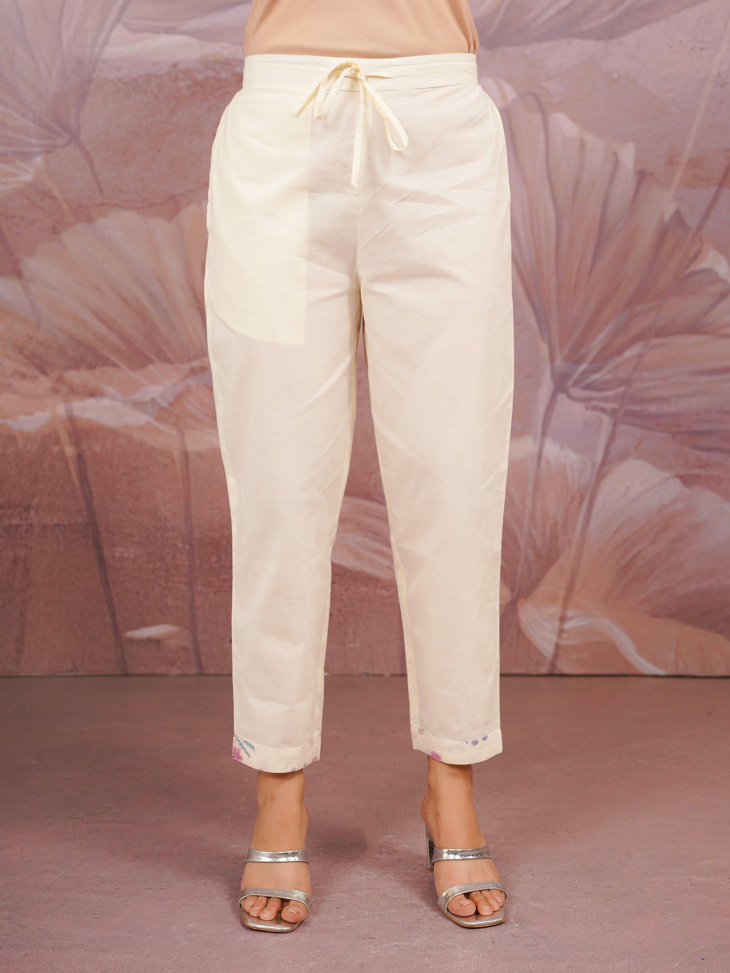 Linen Cotton Floral Beige Trousers