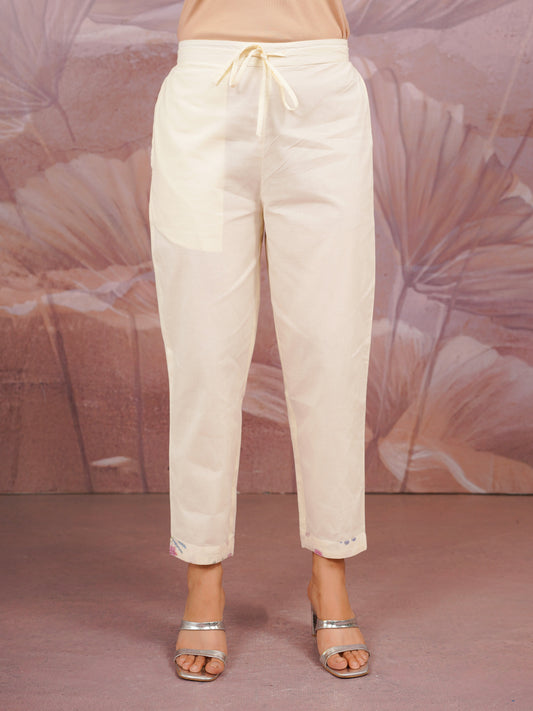 Linen Cotton Floral Beige Trousers