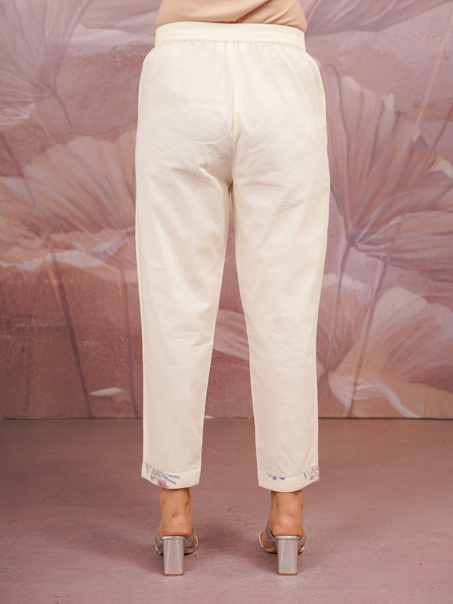 Linen Cotton Floral Beige Trousers