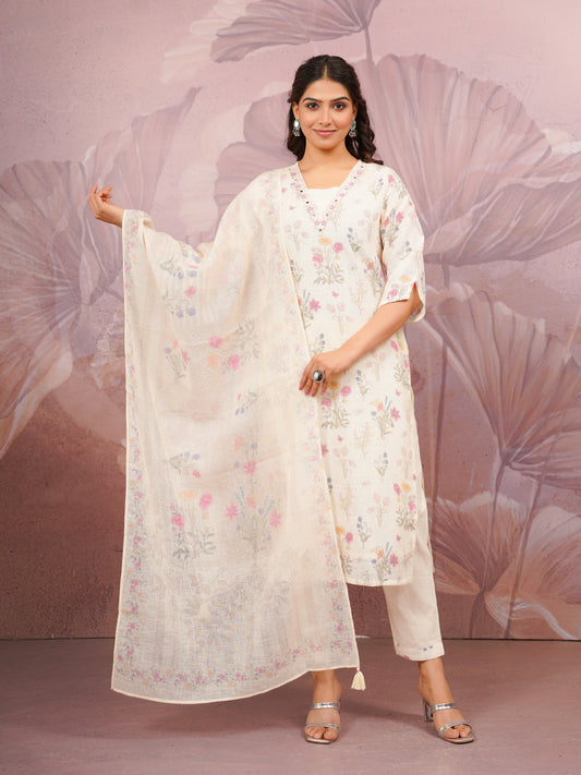 Linen Cotton Floral Beige Dupatta