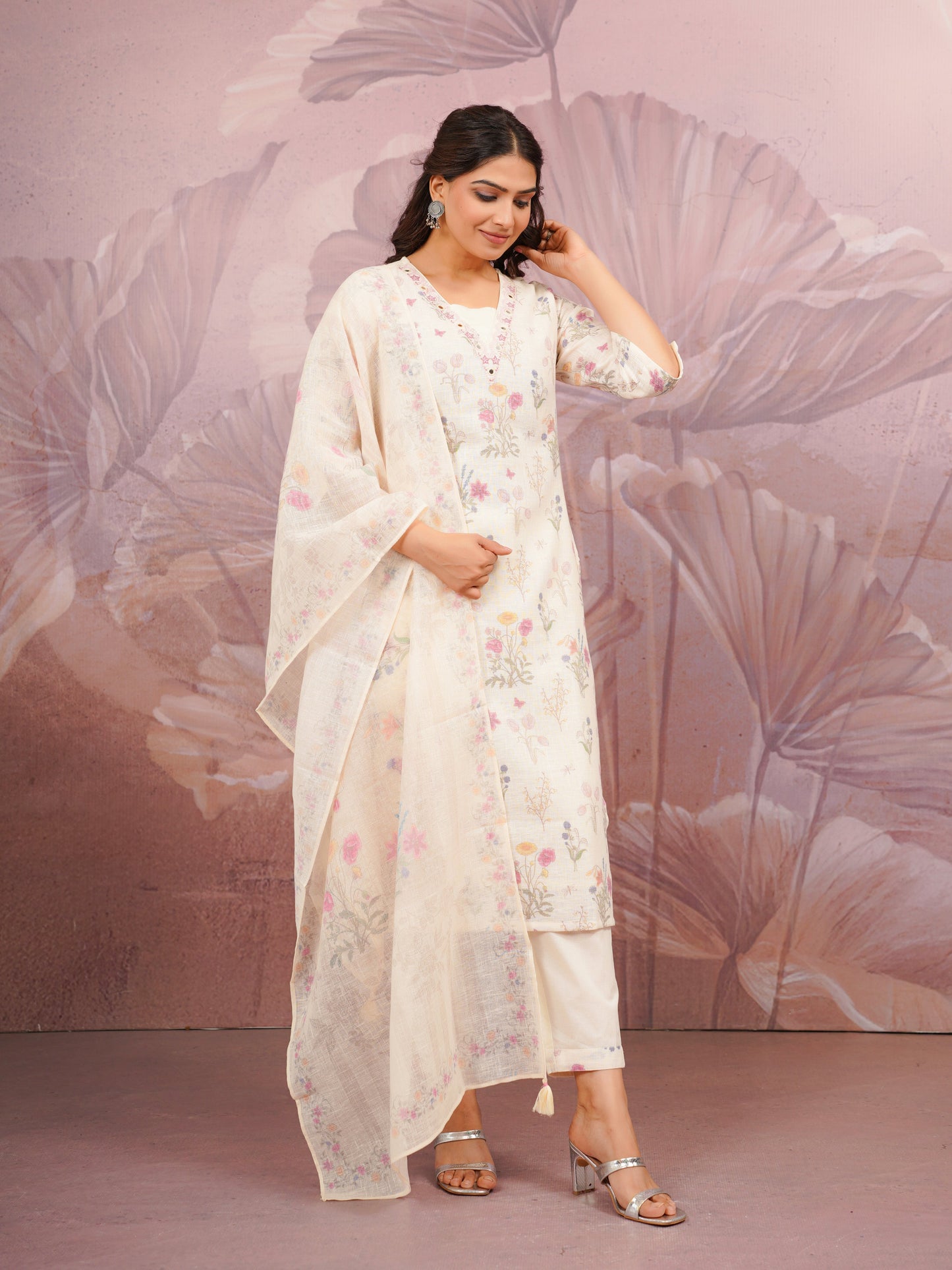 Linen Cotton Floral Beige Dupatta