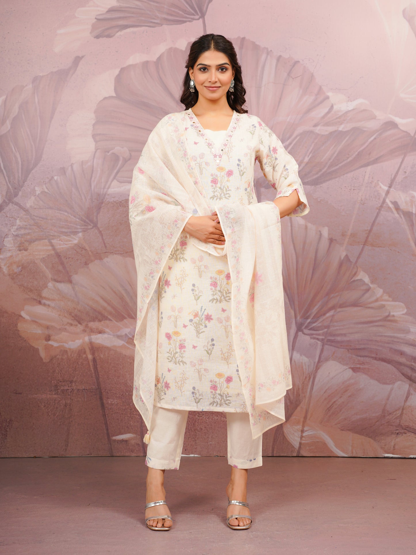 Embroidered Linen Cotton Floral Beige Straight Kurta
