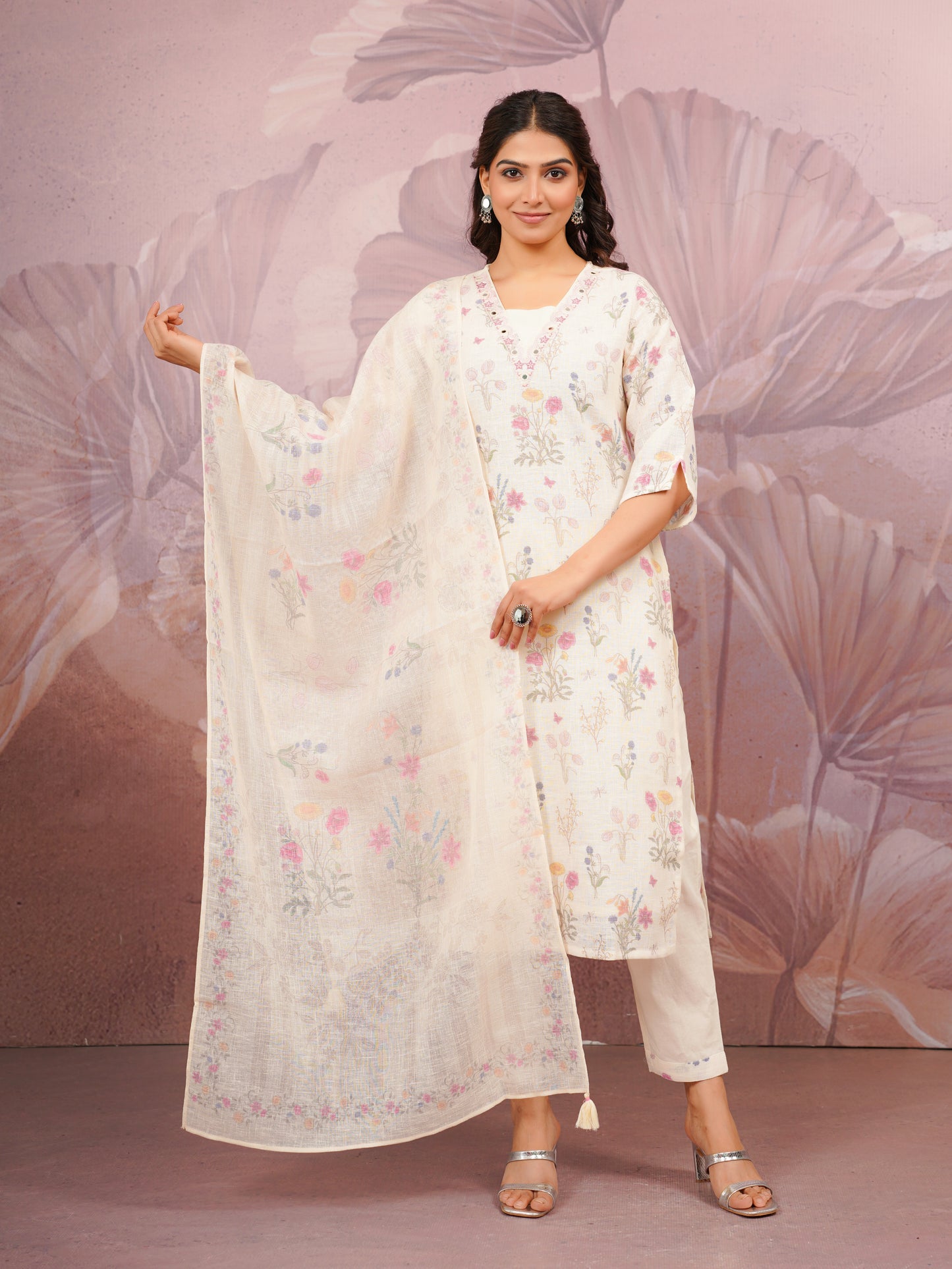 Embroidered Linen Cotton Floral Beige Straight Kurta