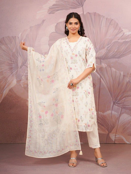 Embroidered Linen Cotton Floral Beige Kurta