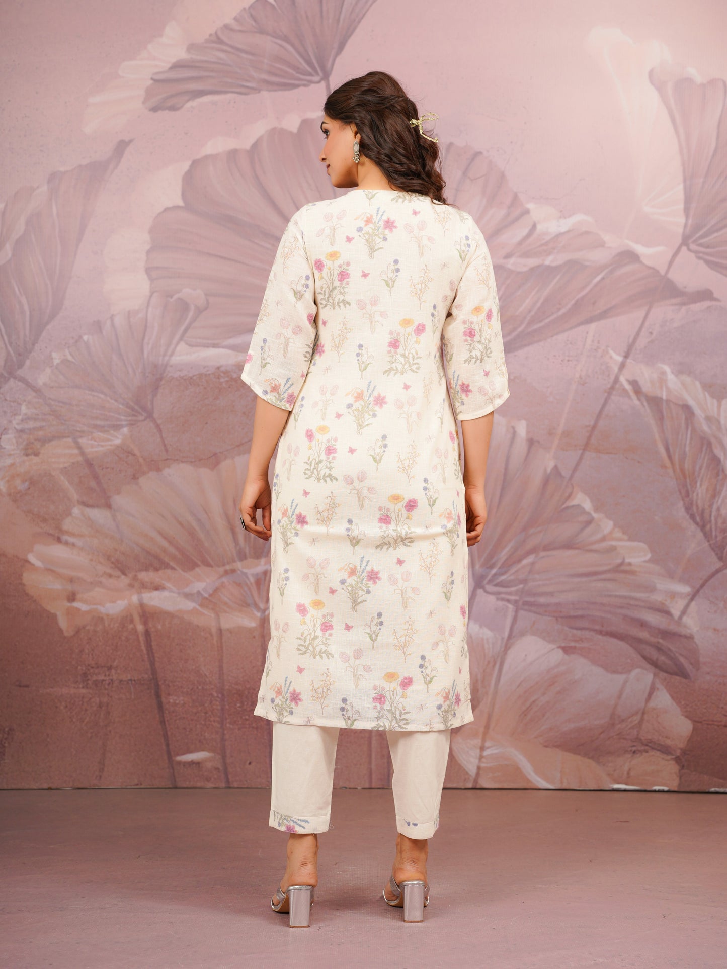 Embroidered Linen Cotton Floral Beige Straight Kurta