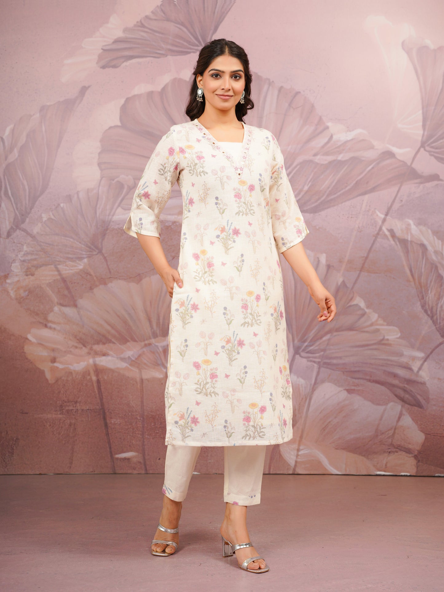 Embroidered Linen Cotton Floral Beige Straight Kurta