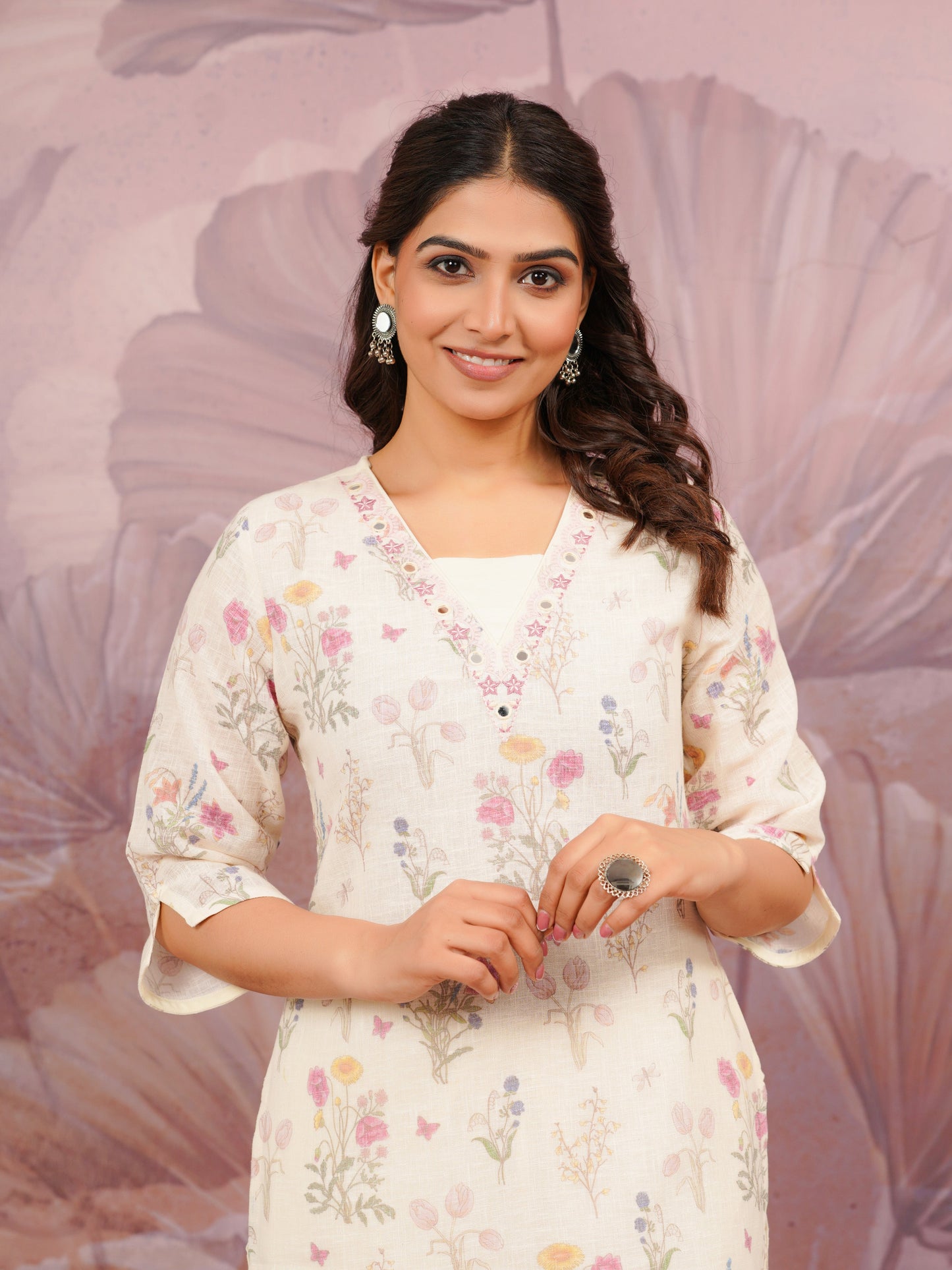 Embroidered Linen Cotton Floral Beige Straight Kurta