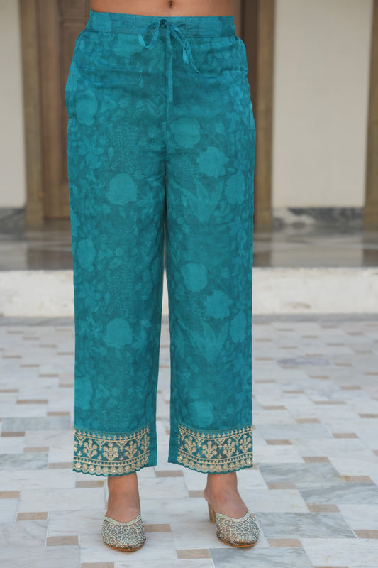 Embroidered Organza Floral Turquoise Blue Trousers