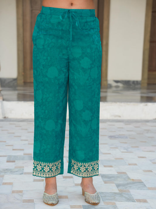 Embroidered Organza Floral Turquoise Blue Trousers