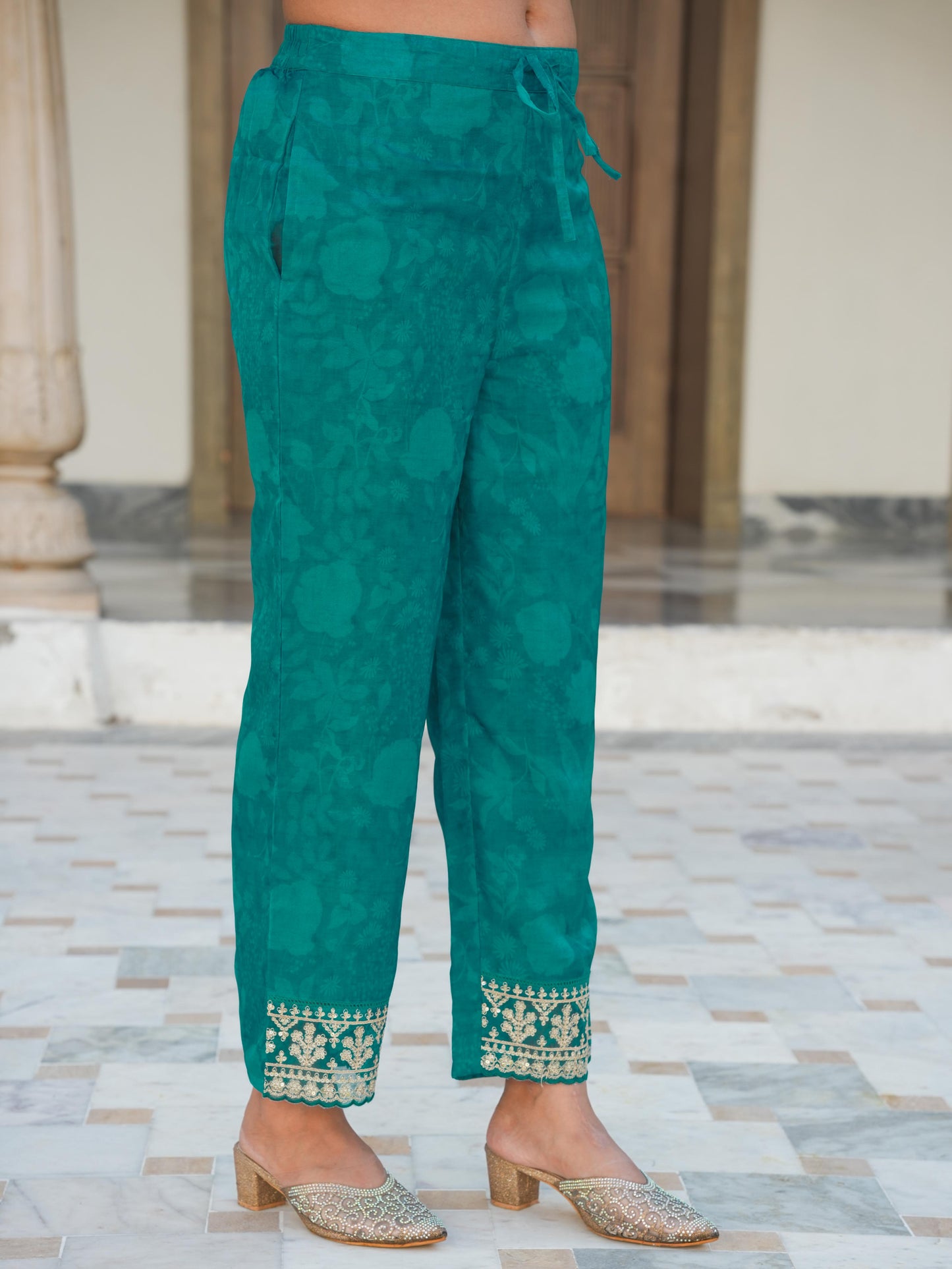 Embroidered Organza Floral Turquoise Blue Trousers