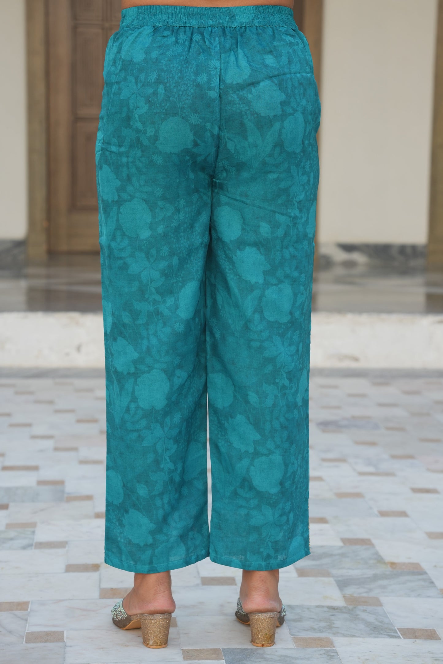 Embroidered Organza Floral Turquoise Blue Trousers