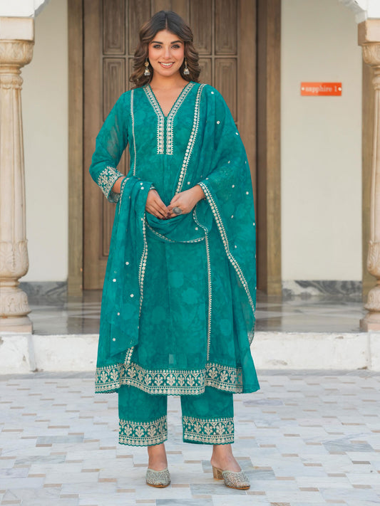Embroidered Organza Floral Turquoise Blue Dupatta
