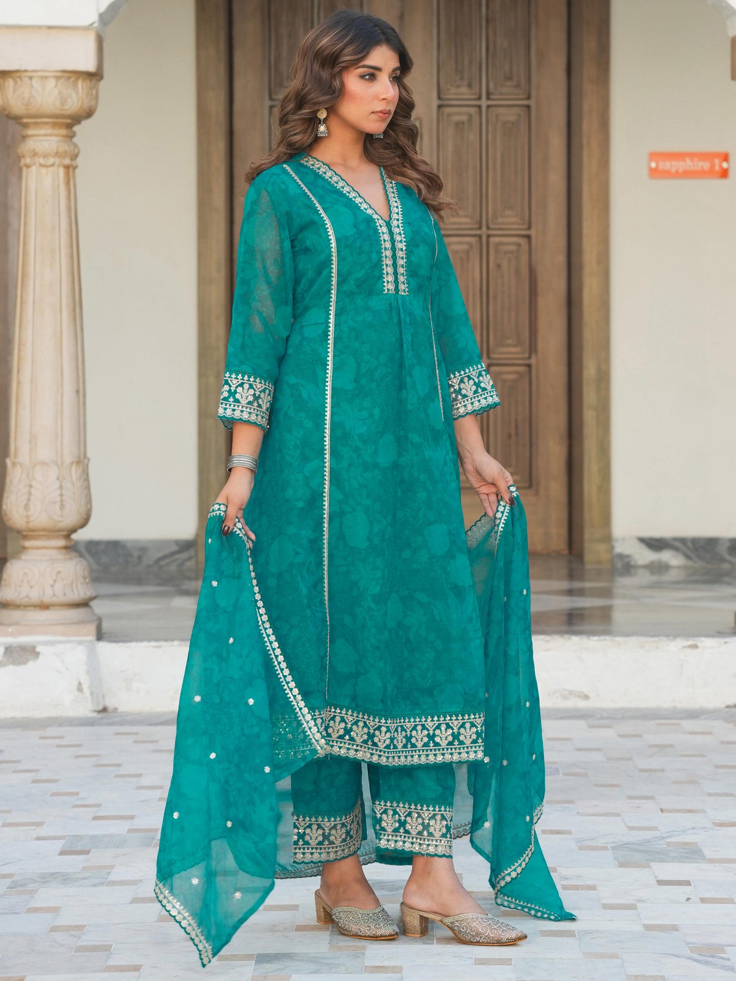Embroidered Organza Floral Turquoise Blue Dupatta