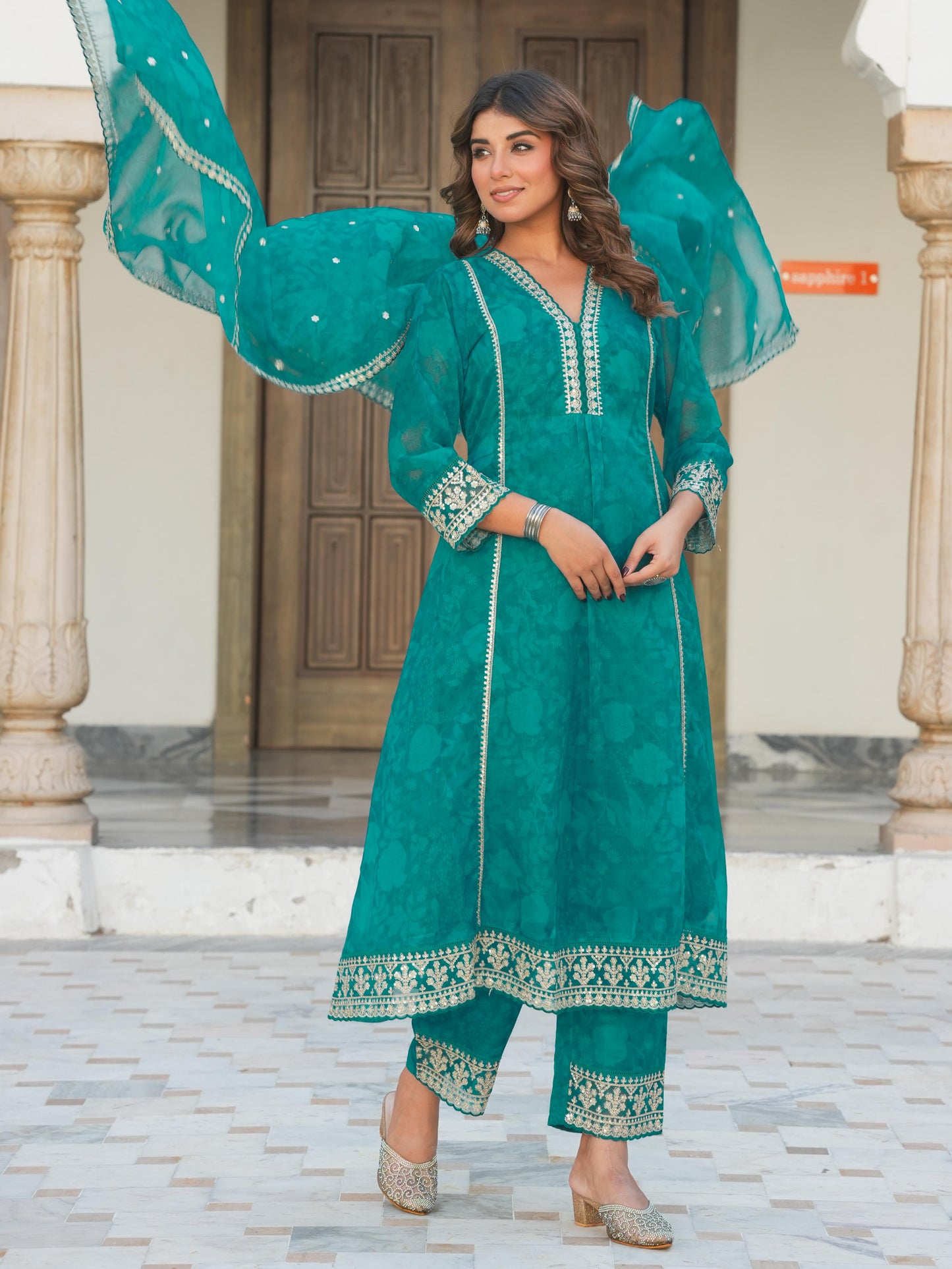Embroidered Organza Floral A-line Turquoise Blue Kurta