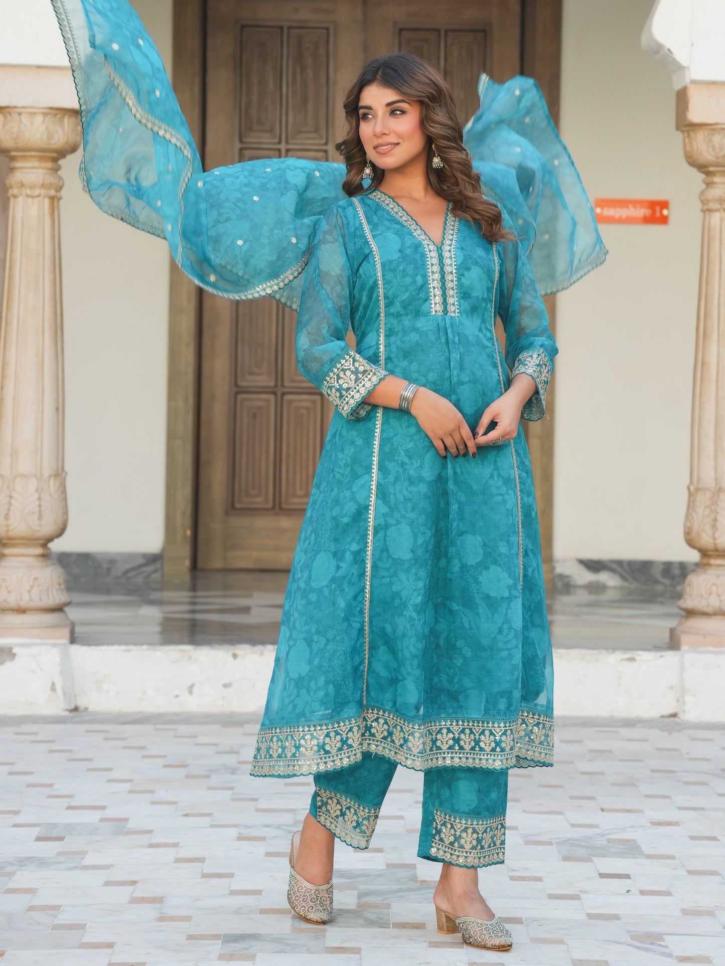 Embroidered Organza Floral Turquoise Blue Kurta
