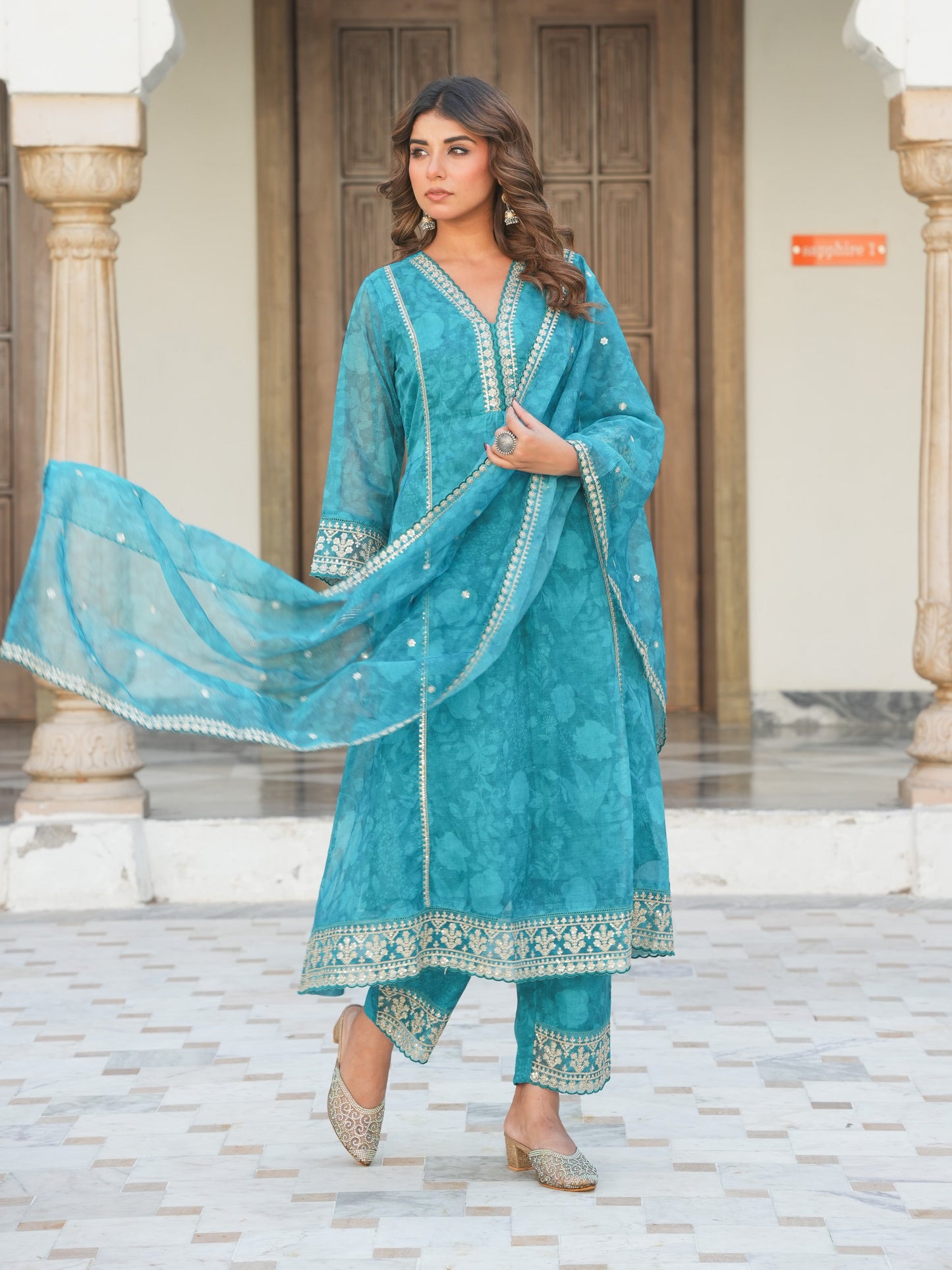 Embroidered Organza Floral Turquoise Blue Kurta