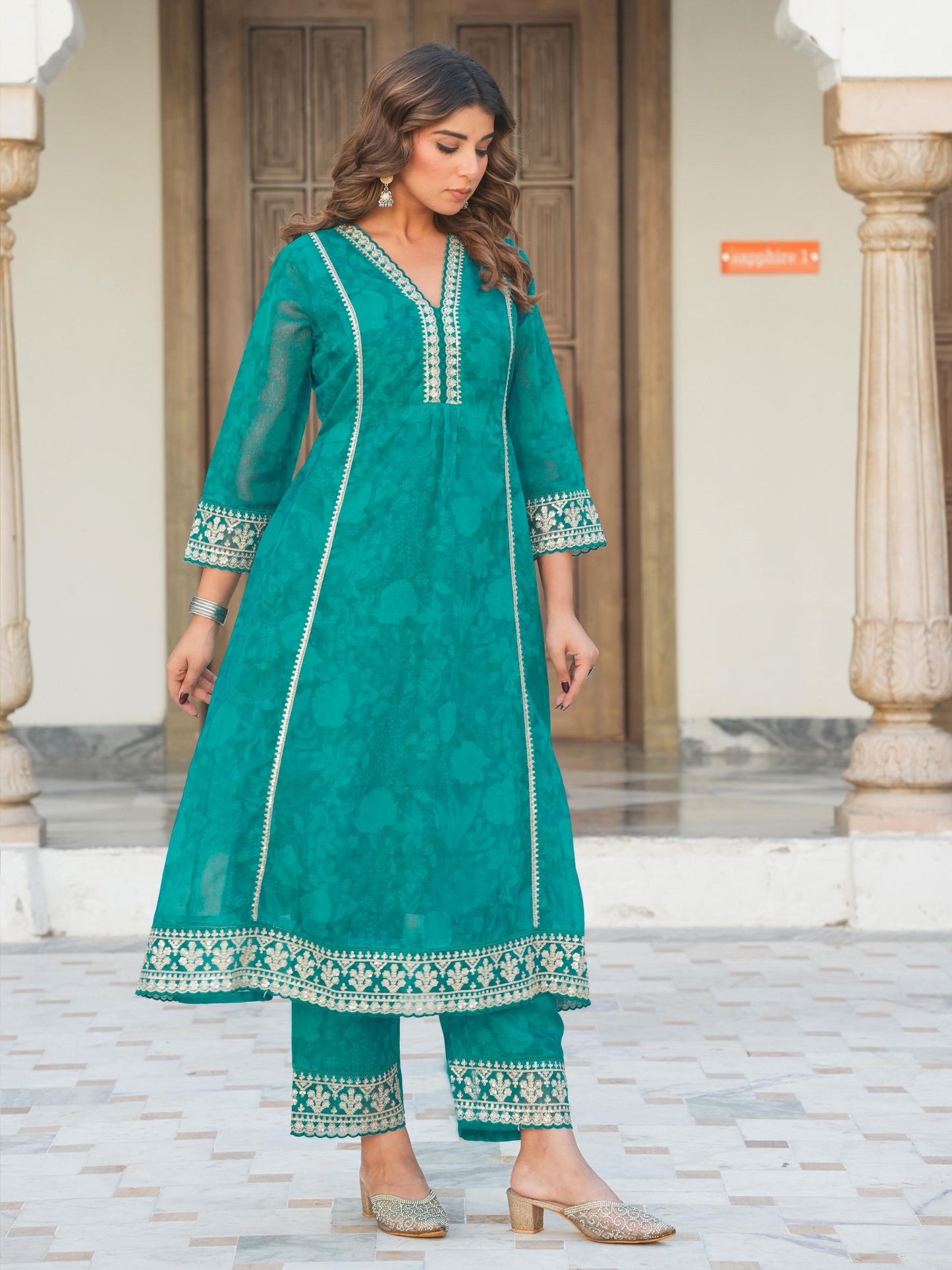 Embroidered Organza Floral A-line Turquoise Blue Kurta